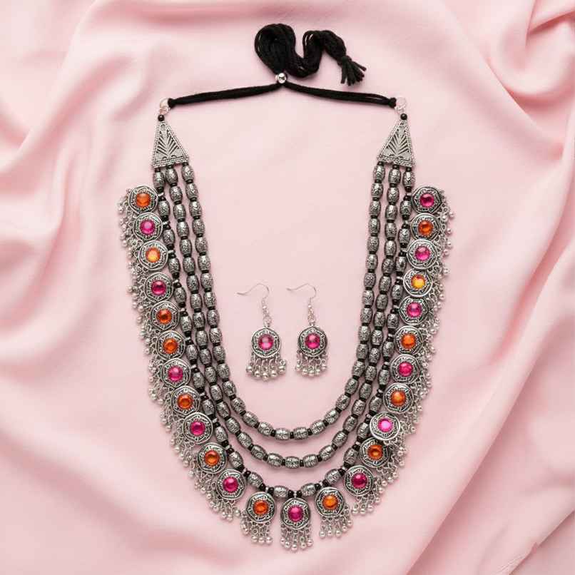 Shining Diva Fashion Stylish Oxidised Silver Tribal Necklace Set for Women and Girls | 12164s