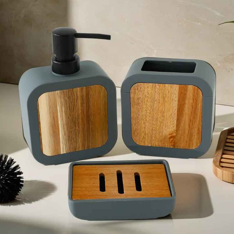 UMAI Bathroom Accessories Set | Soap Dispenser, Toothbrush Holder and Soap Case | Grey | 380 ml