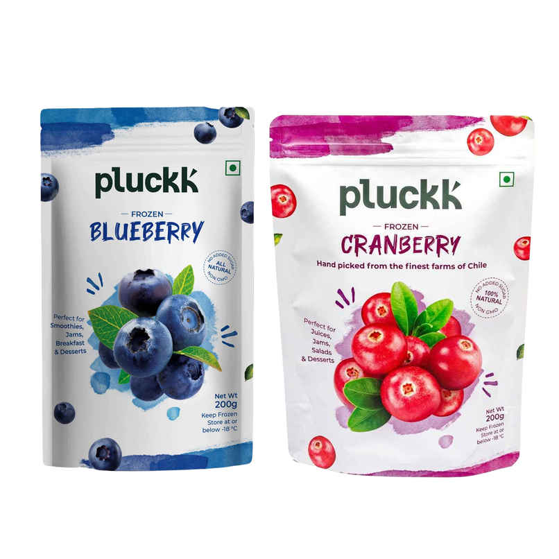 Pluckk Fresh Frozen Imported Blueberry Natural | Non Gmo | Rich In Antioxidants | Superfood Snack (200g) & Pluckk Frozen Cranberry (200g) Combo