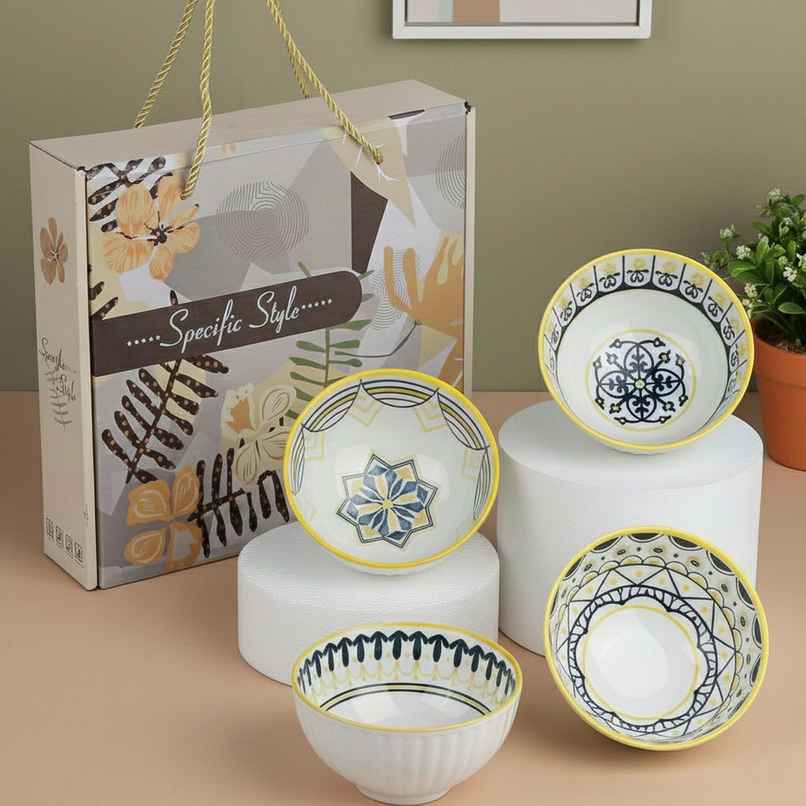 The Earth Store Yellow Floret Ceramic Bowl Set | Microwave & Dishwasher Safe | 300 ml