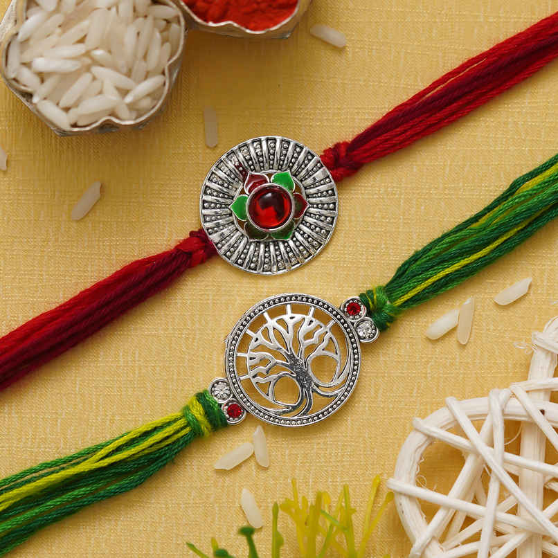 Silver Flower & Tree Designer Rakhi with Roli Chawal | Feng Shui Rakhi | Pack of 2 | Ecraftindia