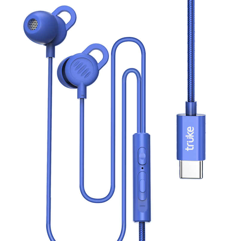 Truke Bass S2 Sleeping Earphone with 100 percent Silicone Tip Type C Mic Multifunctional Keys Blue