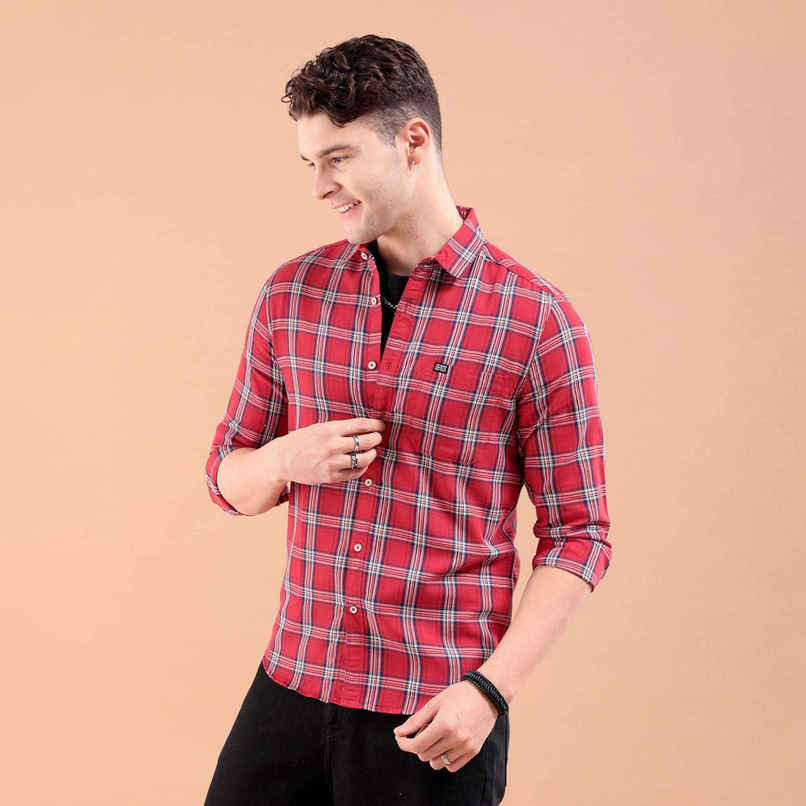 The Indian Garage Co Men's Slim Fit Checked Casual Shirt | Red - M