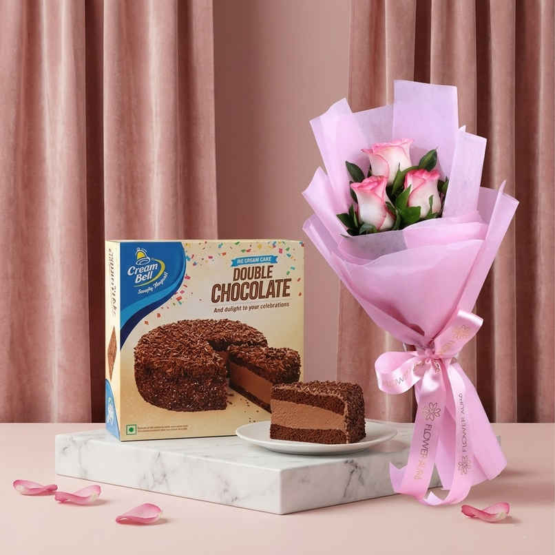 3 Pink Roses (500g) & Double Chocolate Ice Cream Cake (500ml) Combo