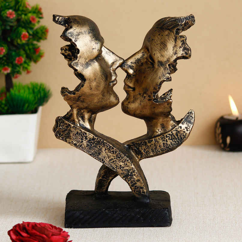 eCraftIndia Golden Polyresin Antique Finish Woman and Man Kissing Each Other | Couple Showpiece