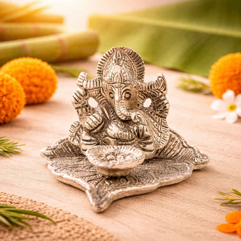 Diya Silver Plated Ganesh Ji on Peepal Leaf | Devnidhi