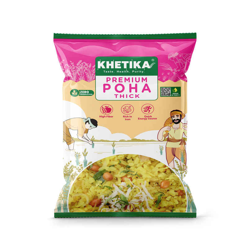 Khetika Premium Thick Poha (Flattened Rice) | High in Fiber | Zero Preservatives