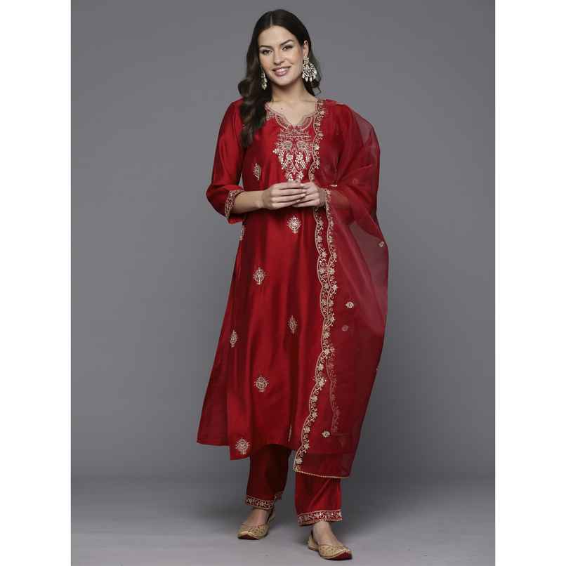 Indo Era Women's Silk Blend Embroidery Straight Kurta Set With Dupatta | KH9RD9490 | Red - XS Indo Era Women's Silk Blend Embroidery Straight Kurta Set With Dupatta | KH9RD9490 | Red - XS