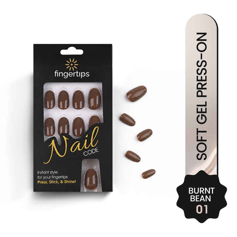 Fingertips Press-On Nails Soft Gel Glossy Artificial Reusable Full Cover Nails - Burnt Bean