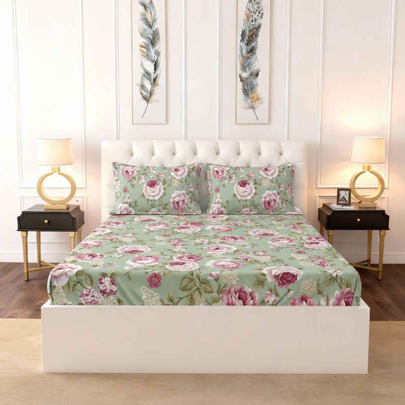 Raymond Home 120 GSM Hazel Floral Double Bedsheet with 2 Pillow Covers Green