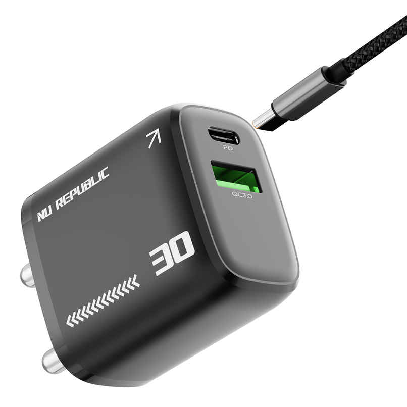 Nu Republic 30 W GaN 4 A Dual Port Mobile Charger with Detachable Cable - Black