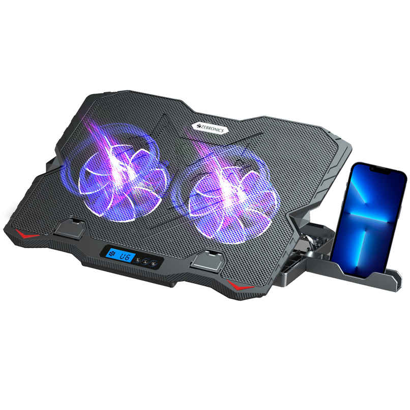 Zebronics NC5500D Powerful Laptop Cooler with Dual 125mm Fans, Silent Operation, Adjustable Fan Speed, Display, Controls, USB, 5 Step Retractable Stand and Mobile Holder - Black Zebronics NC5500D Powerful Laptop Cooler with Dual 125mm Fans, Silent Operation, Adjustable Fan Speed, Display, Controls, USB, 5 Step Retractable Stand and Mobile Holder - Black