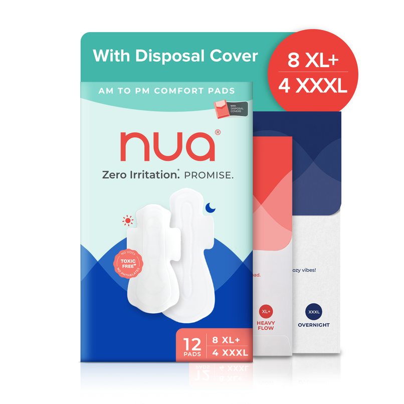 Nua Day and Night Sanitary Pads with Disposal Cover | 8 XL + 4 XXXL | XL / XXXL | 12 pcs