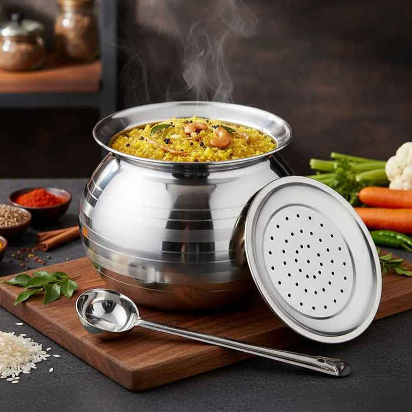 Jensons Stainless Steel Rice Pot | Rice Strainer, Pongal Pot, Gundu, Cooker | 3 L