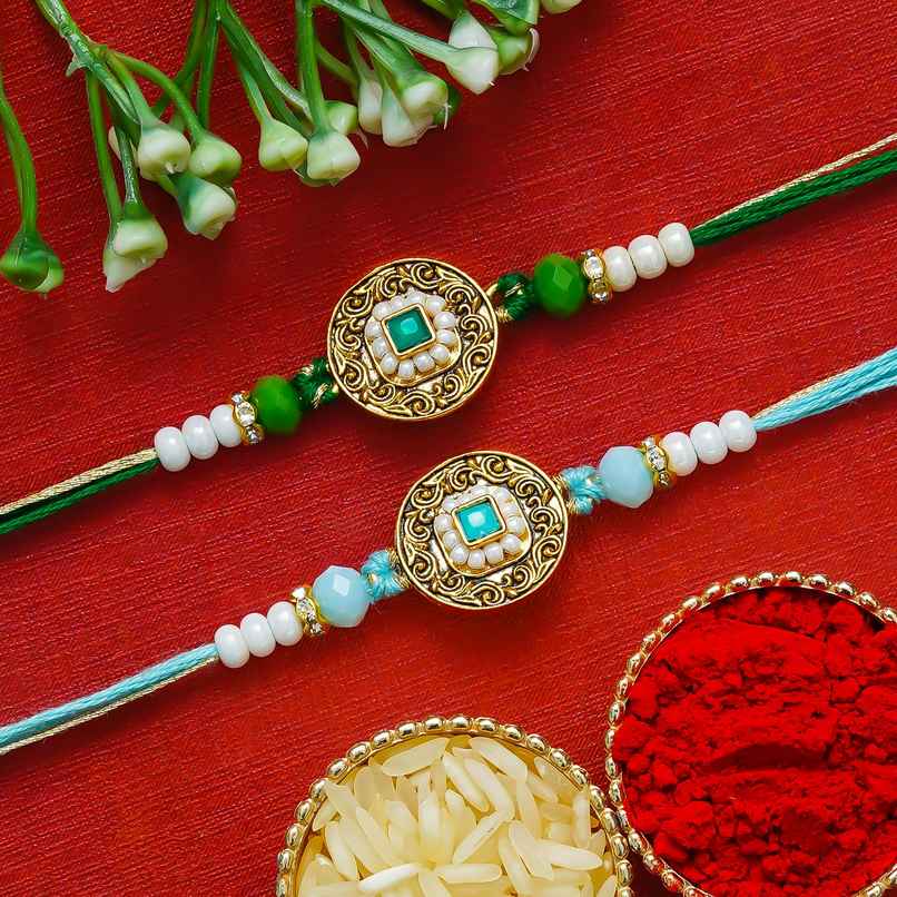 Kundan Pearls Beads Designer Rakhis for Bhai, Bhaiya, Bhabhi and Kids with Roli Chawal | Set of 2 | Abstract Rakhi | Ecraftindia Kundan Pearls Beads Designer Rakhis for Bhai, Bhaiya, Bhabhi and Kids with Roli Chawal | Set of 2 | Abstract Rakhi | Ecraftindia