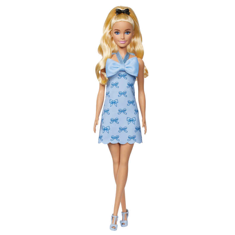 Barbie Fashionistas Doll | Blonde Hair with Blue Bow & Pony Tail | Halter Dress with Accessories
