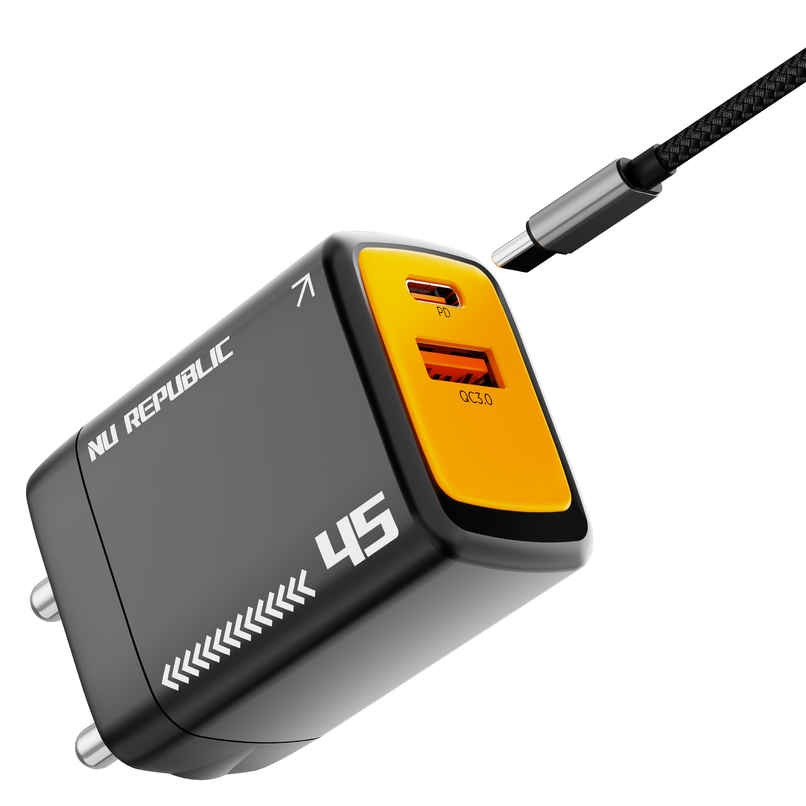 Nu Republic Cybotron 45W Dual Port Gan Superfast Wall Charger, USB & Type C Port, QC PD Technology with Type-C to C Cable, Supports MacBook, Type-C Laptops, iPhone, Samsung, OnePlus etc (Black) Nu Republic Cybotron 45W Dual Port Gan Superfast Wall Charger, USB & Type C Port, QC PD Technology with Type-C to C Cable, Supports MacBook, Type-C Laptops, iPhone, Samsung, OnePlus etc (Black)