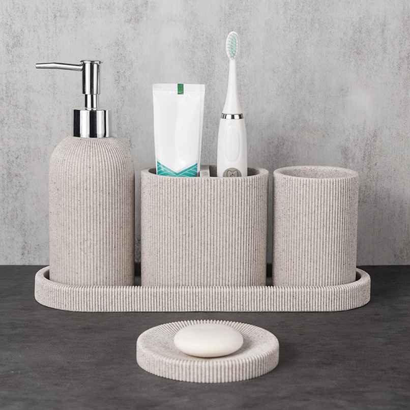 UMAI Polyresin Bathroom Set | Soap Dish | Toothbrush Holder | Soap Dispenser | Tumbler & Tray | Khaki