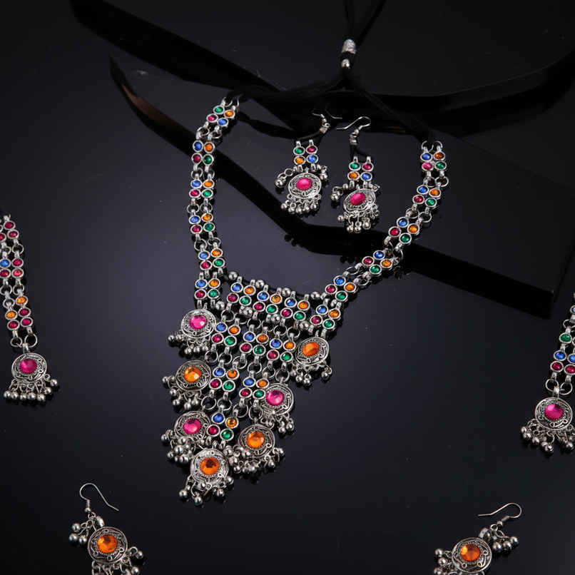 Shining Diva Fashion Stylish Traditional Oxidised Silver Necklace Jewellery Set for Women | 13110s