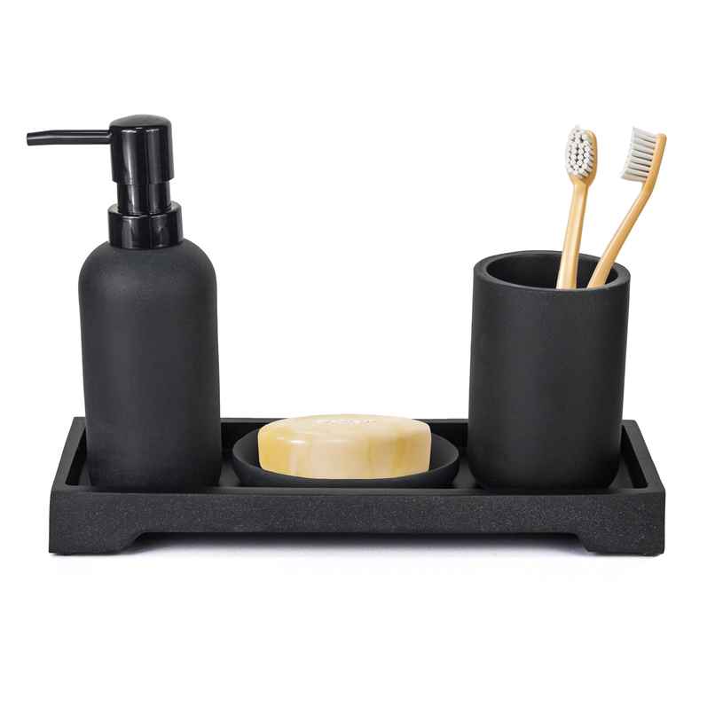 UMAI Polyresin Bathroom Set | Soap Dispenser | Soap Holder | Tumbler and Tray Bathroom Organiser | Handwash Dispenser | Black