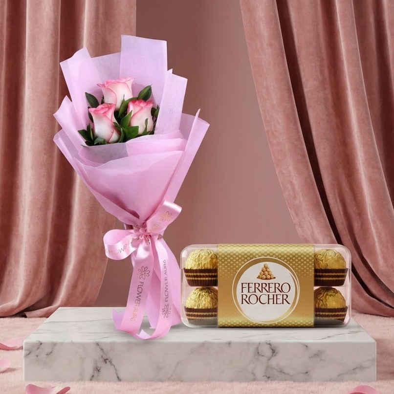 3 Pink Roses (500g) & Ferrero Rocher Premium Chocolates Gift Pack (200g) Combo
