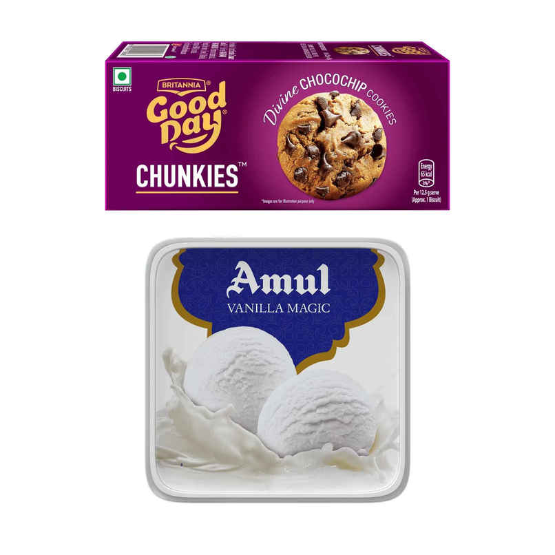 Britannia Good Day Chunkies Choc Chip Cookies (75g) & Amul Vanilla Magic Ice Cream Tub (1L) Combo
