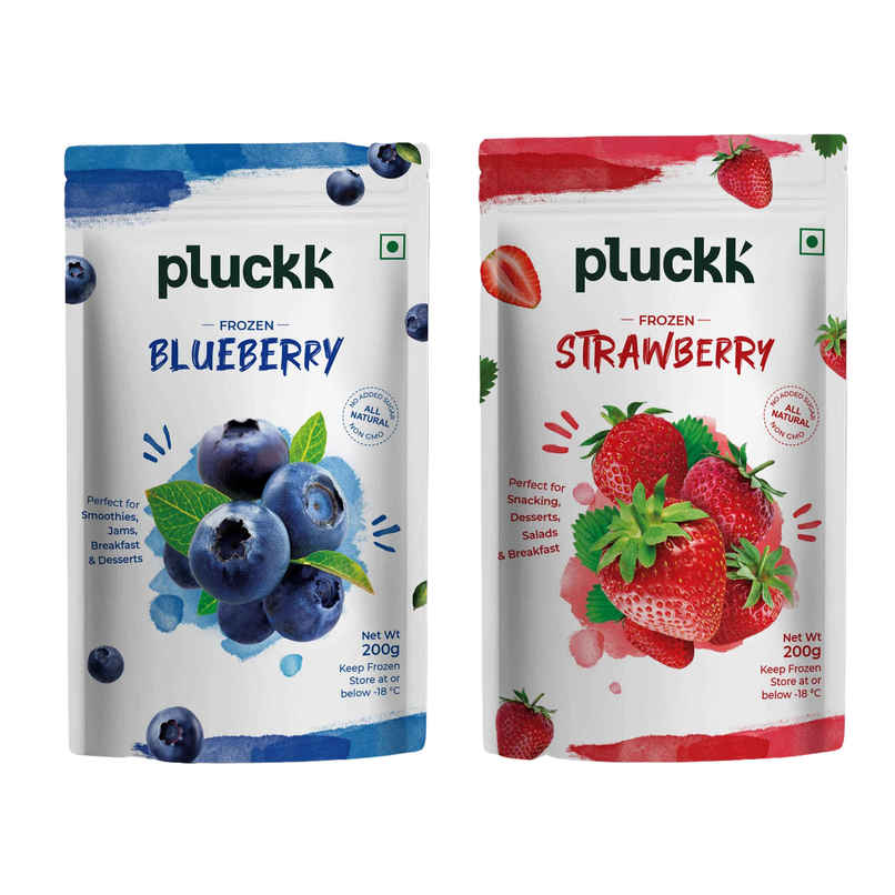 Pluckk Fresh Frozen Imported Blueberry Natural | Non Gmo | Rich In Antioxidants | Superfood Snack (200g) & Pluckk Fresh Frozen Imported Strawberry Natural | Non Gmo | Rich In Vitamin C | Healthy Snack (200g) Combo