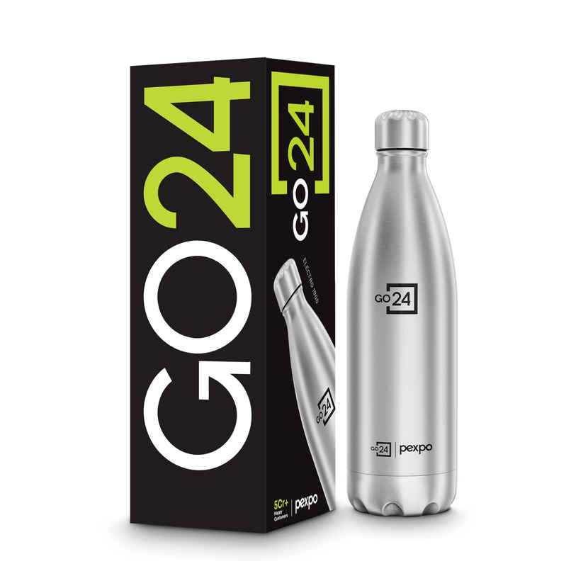 Go24 Electro Stainless Steel Thermos Bottle | Silver | Leakproof | 3-Layer Insulation