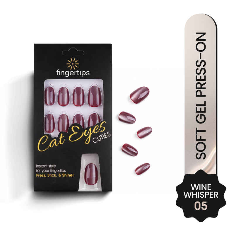 Fingertips Cat Eye Press-On Nails Soft Gel Glossy Full Cover Artificial Nails - Wine Whisper