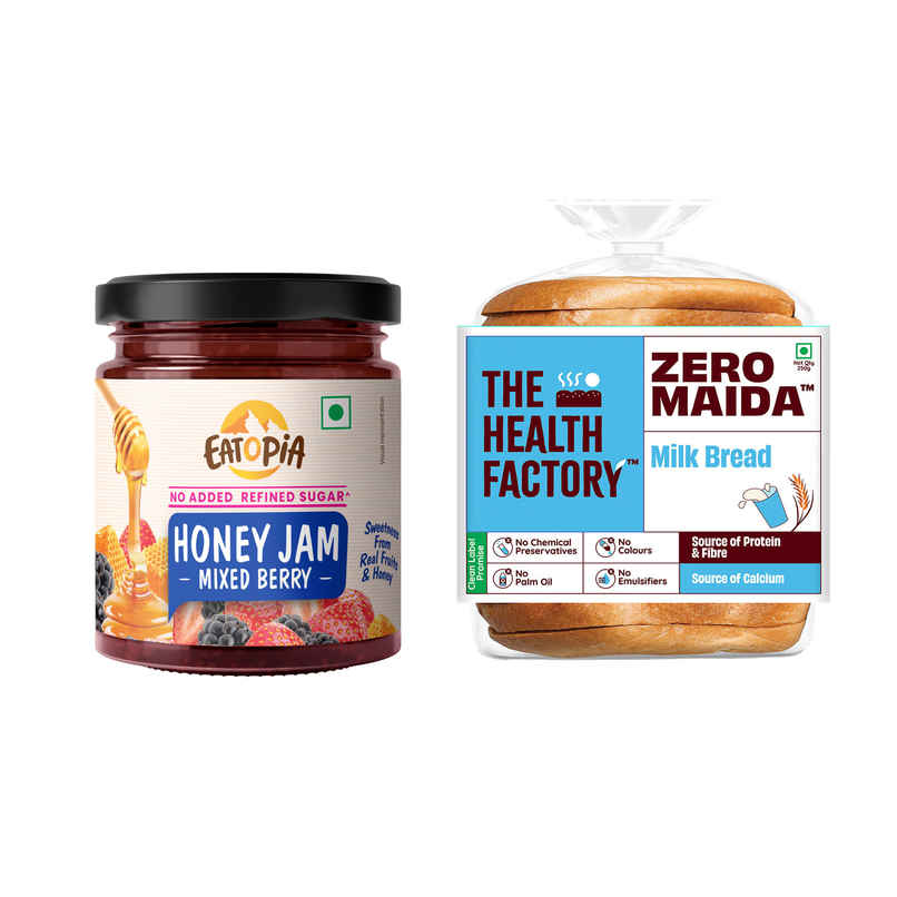 The Health Factory Zero Maida Milk Bread | Clean Label - Not Brown (250g) & Eatopia Mixedberry Honey Jam Spread| No Added Sugar (240g) Combo
