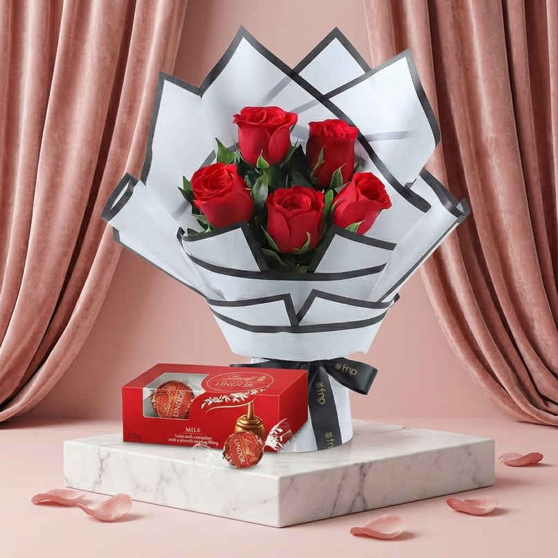 5 Red Rose Bouquet (1pc) & Lindt Lindor Milk Chocolate Cornet Trio Pack (37.5g) Combo