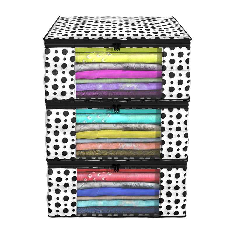 Kuber Industries (Pack of 3) Polka Dots Zip Clothes Organizer For Saree | Wardrobe|Black and White