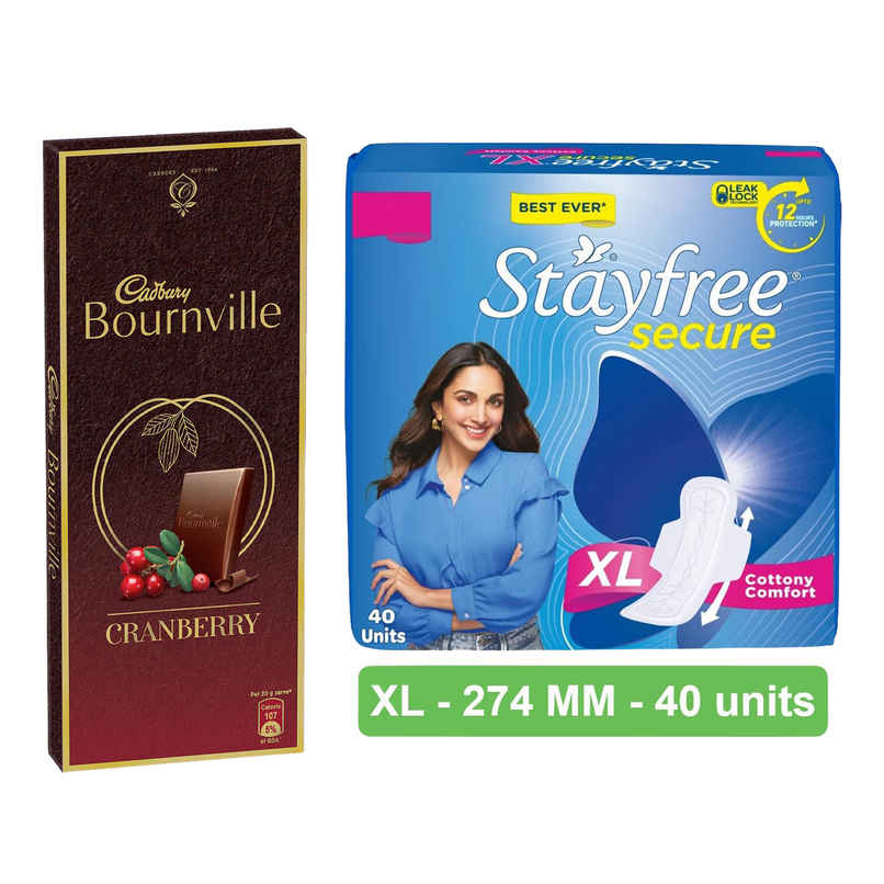 Cadbury Bournville Cranberry 50% Dark Chocolate Bar (78g) & Stayfree Secure Xl Sanitary Pads (40pc) Combo Cadbury Bournville Cranberry 50% Dark Chocolate Bar (78g) & Stayfree Secure Xl Sanitary Pads (40pc) Combo