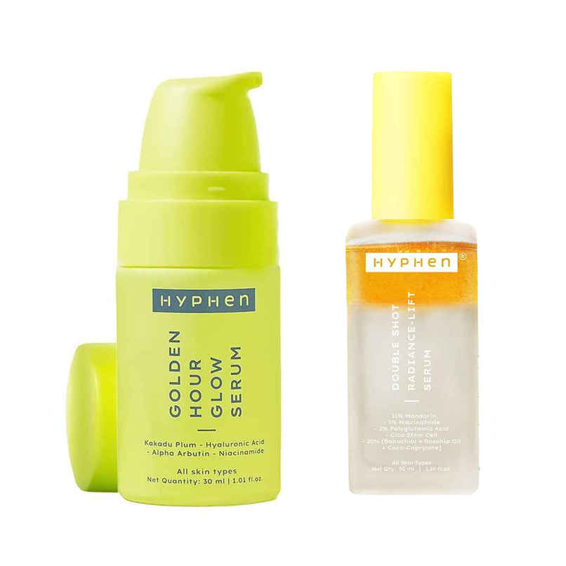 Hyphen Golden Hour Glow Face Serum With Niacinamide, Alpha Arbutin (30ml) & Hyphen 18% Brightening + 20% Collagen Double Serum | 5% Niacinamide For Dark Spots (50ml) Combo Hyphen Golden Hour Glow Face Serum With Niacinamide, Alpha Arbutin (30ml) & Hyphen 18% Brightening + 20% Collagen Double Serum | 5% Niacinamide For Dark Spots (50ml) Combo