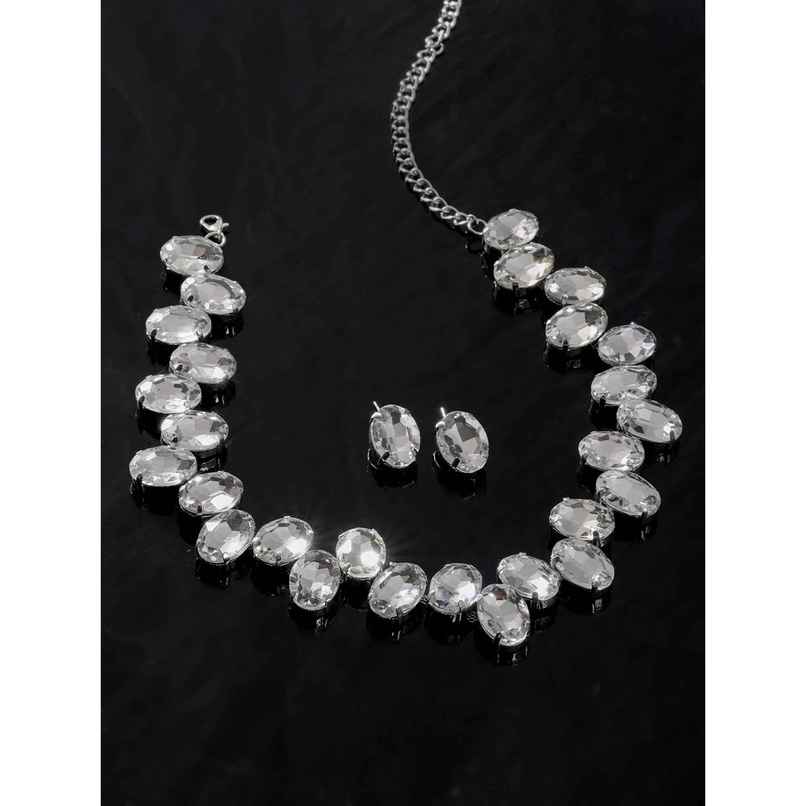 Yellow Chimes Silver Stone Necklace Set for Women | A5 Crystal Rhodium Plated Jewellery