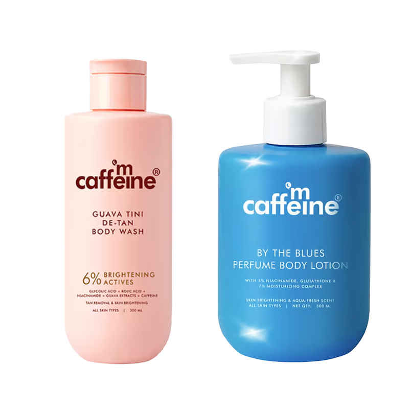 Mcaffeine Detan Body Wash | 1% Glycolic 5% Niacinamide-Kojic Acid Reduce Dark Spots (300ml) & Mcaffeine By The Blues Brightening Perfume Body Lotion 5% Niacinamide- Longlasting Aquatic Scent (300ml) Combo Mcaffeine Detan Body Wash | 1% Glycolic 5% Niacinamide-Kojic Acid Reduce Dark Spots (300ml) & Mcaffeine By The Blues Brightening Perfume Body Lotion 5% Niacinamide- Longlasting Aquatic Scent (300ml) Combo