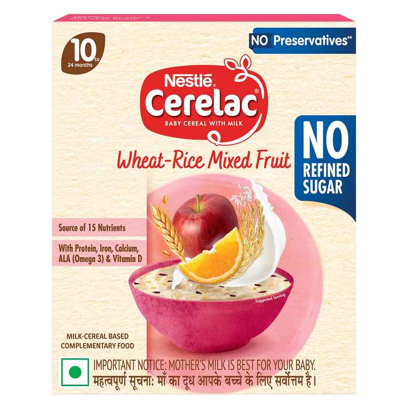 Nestle Cerelac Wheat Rice Mixed Fruit Baby Food Cereal | No Refined Sugar & No Preservatives | 10-24 Months Nestle Cerelac Wheat Rice Mixed Fruit Baby Food Cereal | No Refined Sugar & No Preservatives | 10-24 Months