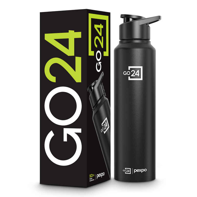 Go24 | Pexpo Stainless Steel Chromo Sports/Fridge Sipper Water Bottle | Knight Black | 1 L