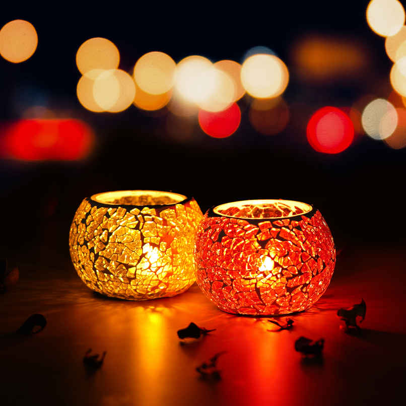 eCraftIndia Yellow & Red Set of 2 Mosiac Glass Decorative Tea Light Holder/diya