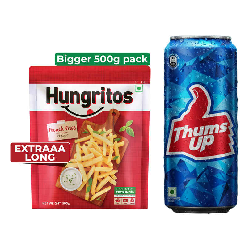 Hungritos French Fries Classic | Crispy Snack (500g) & Thums Up Soft Drink Can | Carbonated Beverage (300ml) Combo