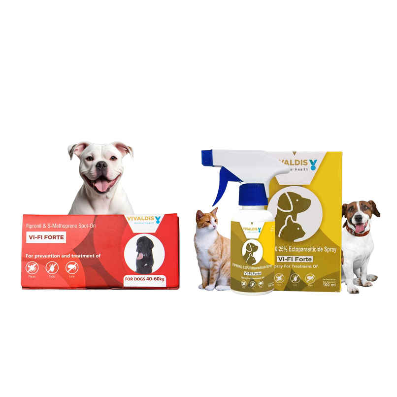 Vivaldis Anti Tick, Flea & Lice Treatment Spot On For Dogs | Vi-Fi Forte | 40-60 Kg (4.02ml) & Vivaldis Vi-Fi Forte-Tick, Flea, Lice Spray For Dogs, Cats, Kitten & Puppies With Fipronil (100ml) Combo