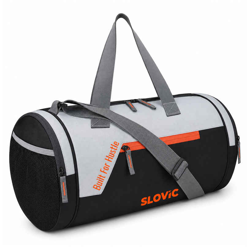 Slovic 25L Polyester Gym Bag with 4 Compartments & Separate Shoe Compartment | Orange, Grey