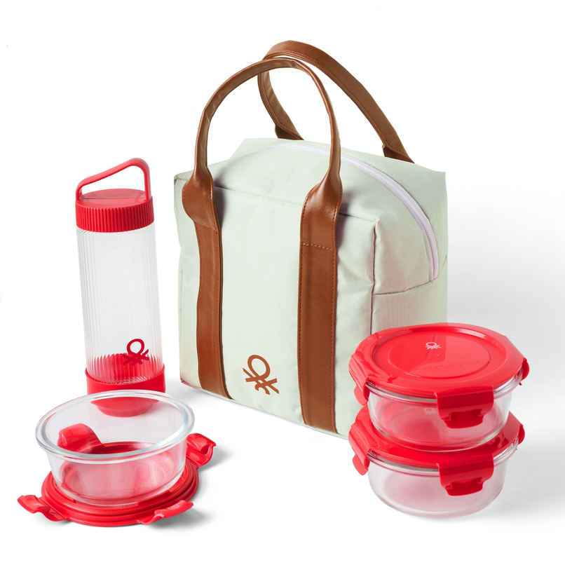 United Colors of Benetton Lunch Bag Set with 3 Glass Containers & Leakproof Bottle | Red