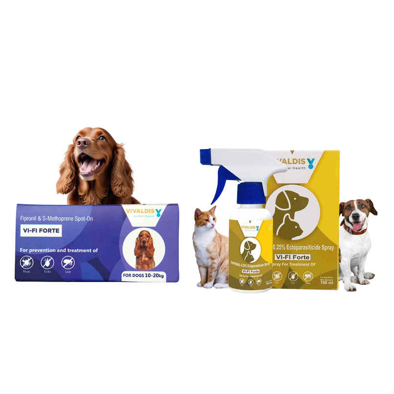 Vivaldis Anti Tick, Flea & Lice Treatment Spot On For Dogs | Vi-Fi Forte | 10-20 Kg (1.34ml) & Vivaldis Vi-Fi Forte-Tick, Flea, Lice Spray For Dogs, Cats, Kitten & Puppies With Fipronil (100ml) Combo Vivaldis Anti Tick, Flea & Lice Treatment Spot On For Dogs | Vi-Fi Forte | 10-20 Kg (1.34ml) & Vivaldis Vi-Fi Forte-Tick, Flea, Lice Spray For Dogs, Cats, Kitten & Puppies With Fipronil (100ml) Combo