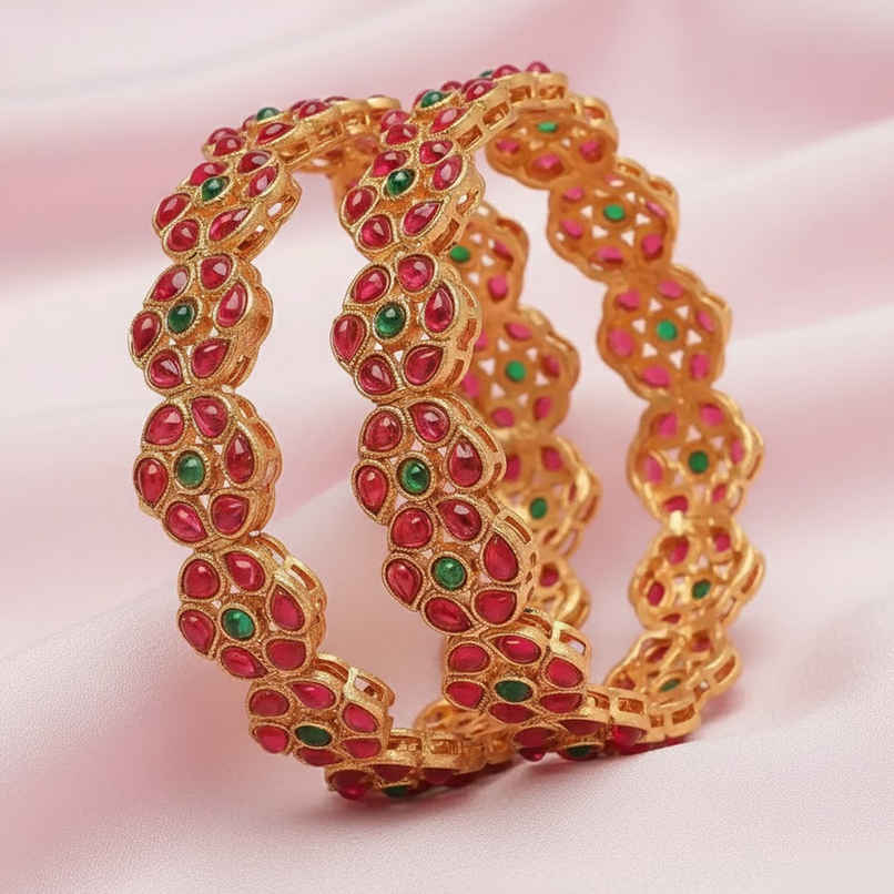 Sukkhi Floral Gold Plated Red And Green Broad Bracelets Bangle Set Jewellery for Women - 2.8