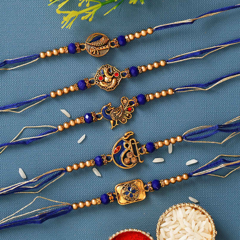 Blue Golden Designer Rakhi Combo with Roli Chawal | Religious om Ganesh shree | Pack of 5 | Ecraftindia Blue Golden Designer Rakhi Combo with Roli Chawal | Religious om Ganesh shree | Pack of 5 | Ecraftindia