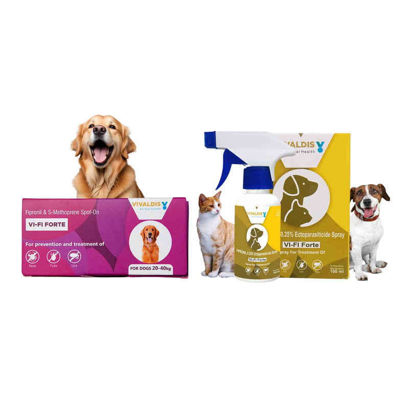 Vivaldis Anti Tick, Flea & Lice Treatment Spot On For Dogs | Vi-Fi Forte | 20 - 40 Kg | 2.68 Ml (2.68ml) & Vivaldis Vi-Fi Forte-Tick, Flea, Lice Spray For Dogs, Cats, Kitten & Puppies With Fipronil (100ml) Combo