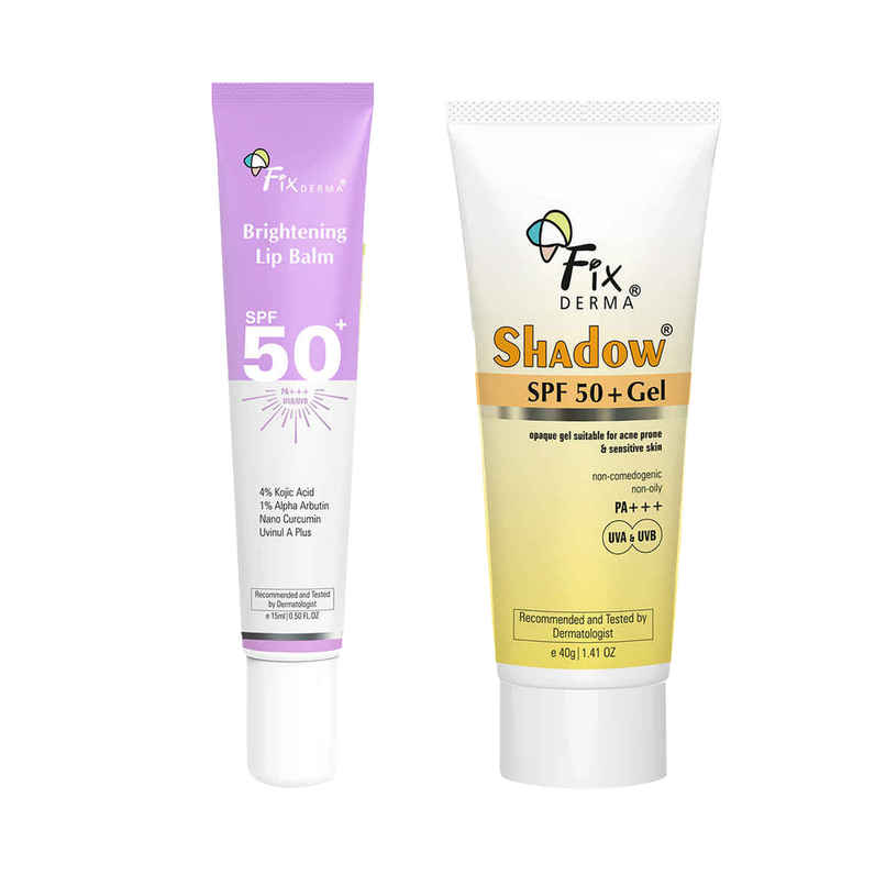 Fixderma Shadow Sunscreen Spf 50+ Pa+++ Gel, Lightweight & No White Cast For Oily Skin (40g) & Fixderma 4% Kojic Acid Brightening Lip Balm (15ml) Combo Fixderma Shadow Sunscreen Spf 50+ Pa+++ Gel, Lightweight & No White Cast For Oily Skin (40g) & Fixderma 4% Kojic Acid Brightening Lip Balm (15ml) Combo