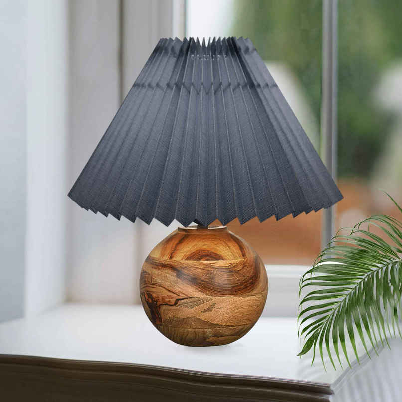 Homesake Rustic Round Wooden Table Lamp with Pleated Grey Shade | Nordic Bedside & Living Room Light Homesake Rustic Round Wooden Table Lamp with Pleated Grey Shade | Nordic Bedside & Living Room Light