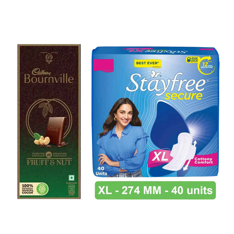 Cadbury Bournville Fruit & Nut 50% Dark Chocolate Bar (75g) & Stayfree Secure Xl Sanitary Pads (40pc) Combo   